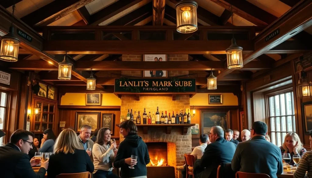 Traditional English pub with people enjoying drinks and conversation Traditional English pub with people enjoying drinks and conversation