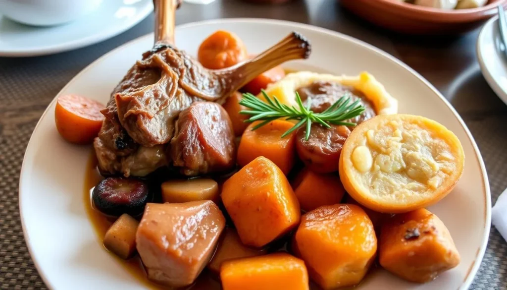 Traditional Falklands meal featuring lamb and local vegetables served at Sea Lion Lodge