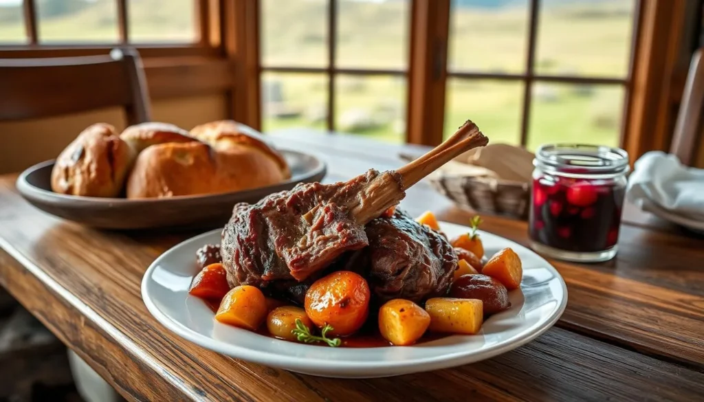 Traditional Falklands meal featuring roast lamb, vegetables, and diddle-dee jam