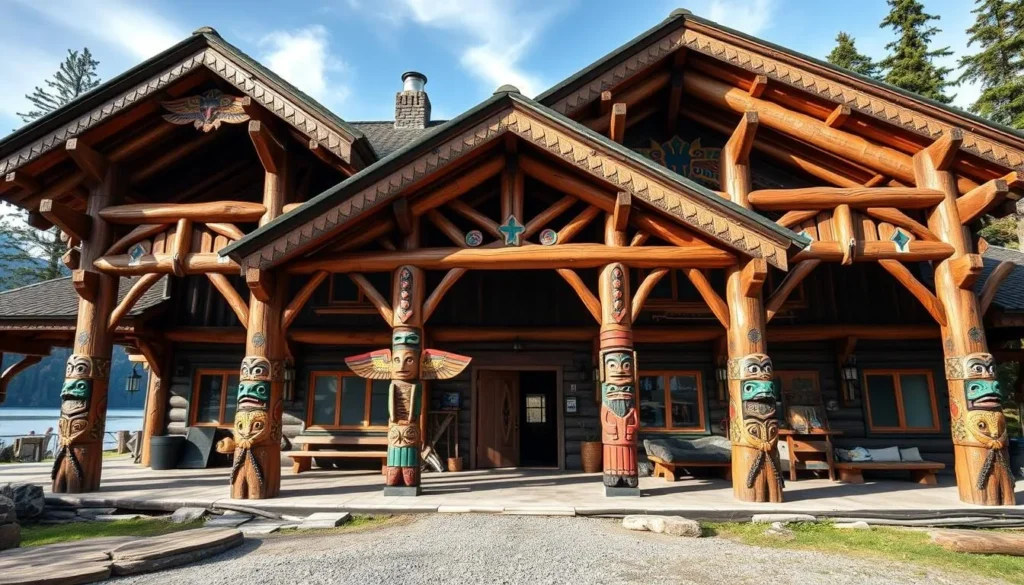 Traditional First Nations Big House with carved totem poles in a coastal Great Bear Rainforest community