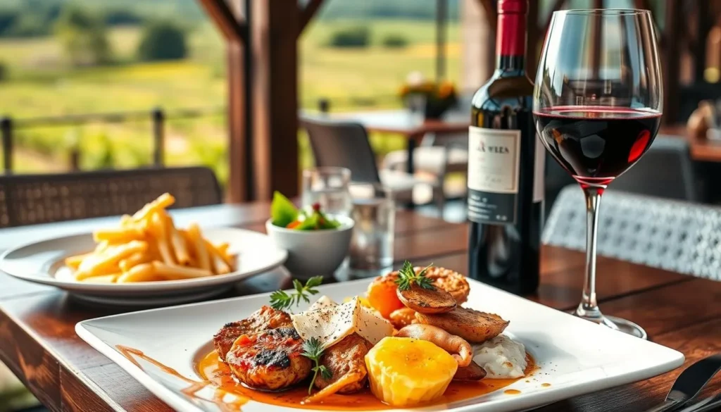 Traditional French meal with Saint-Emilion wine on an outdoor terrace Traditional French meal with Saint-Emilion wine on an outdoor terrace