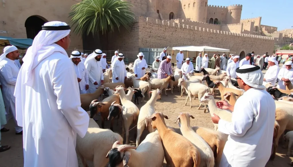 Traditional Friday goat market in Nizwa with local Omanis trading livestock