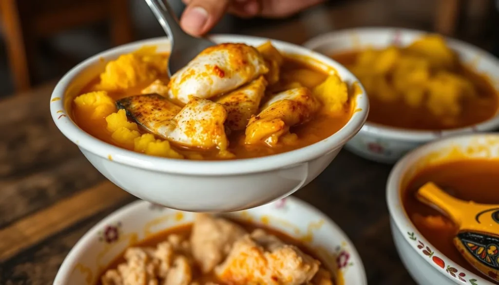 Traditional Garifuna dish of hudut (fish in coconut stew with mashed plantain) served in Dangriga Traditional Garifuna dish of hudut (fish in coconut stew with mashed plantain) served in Dangriga