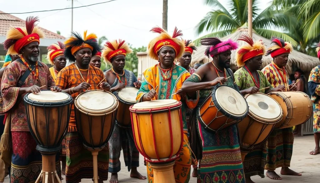 Traditional Garifuna drumming performance in Dangriga with drummers in colorful attire Traditional Garifuna drumming performance in Dangriga with drummers in colorful attire