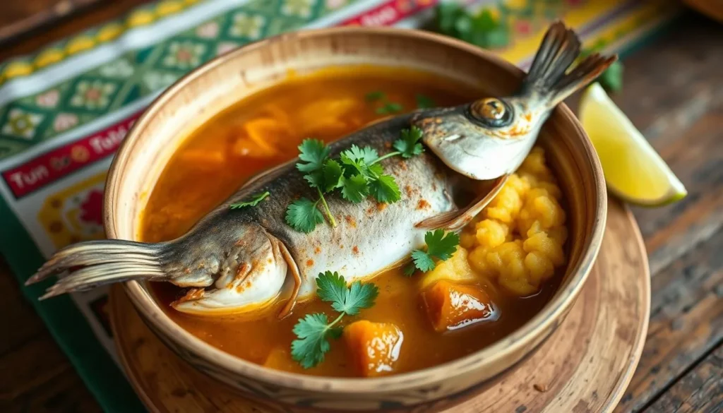 Traditional Garifuna hudut dish with fish in coconut broth and mashed plantains