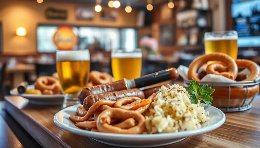Traditional German food platter with sausages, sauerkraut and beer at a Kitchener restaurant