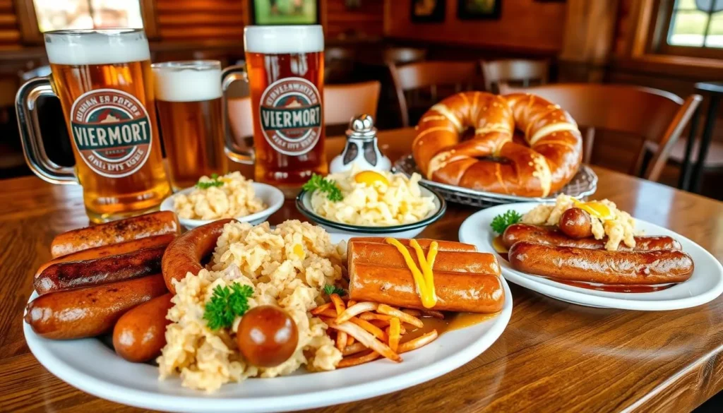 Traditional German food with bratwurst, sauerkraut, and pretzels served at a Leavenworth restaurant