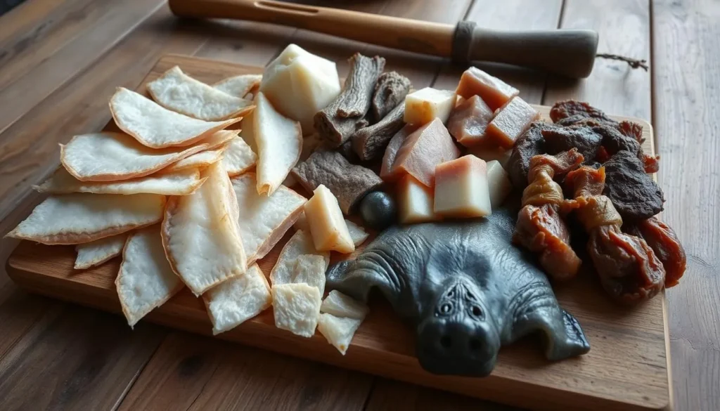 Traditional Greenlandic food including dried fish and seal meat prepared by hunters Traditional Greenlandic food including dried fish and seal meat prepared by hunters