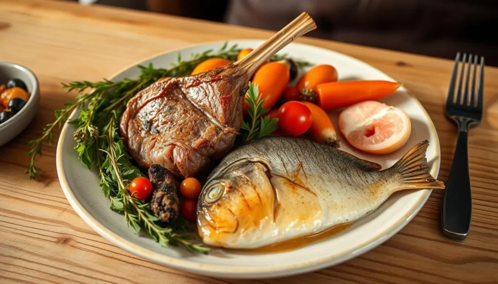 Traditional Greenlandic meal with fresh lamb, Arctic char, and local herbs