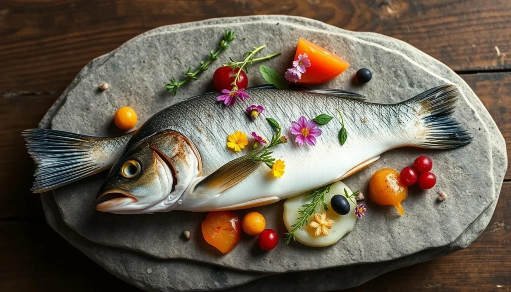 Traditional Greenlandic seafood dish with Arctic char and local herbs