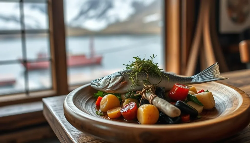 Traditional Greenlandic seafood dish with Arctic char and local herbs