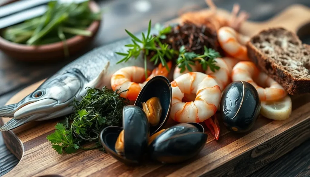 Traditional Greenlandic seafood platter with fresh fish, shrimp, and local herbs