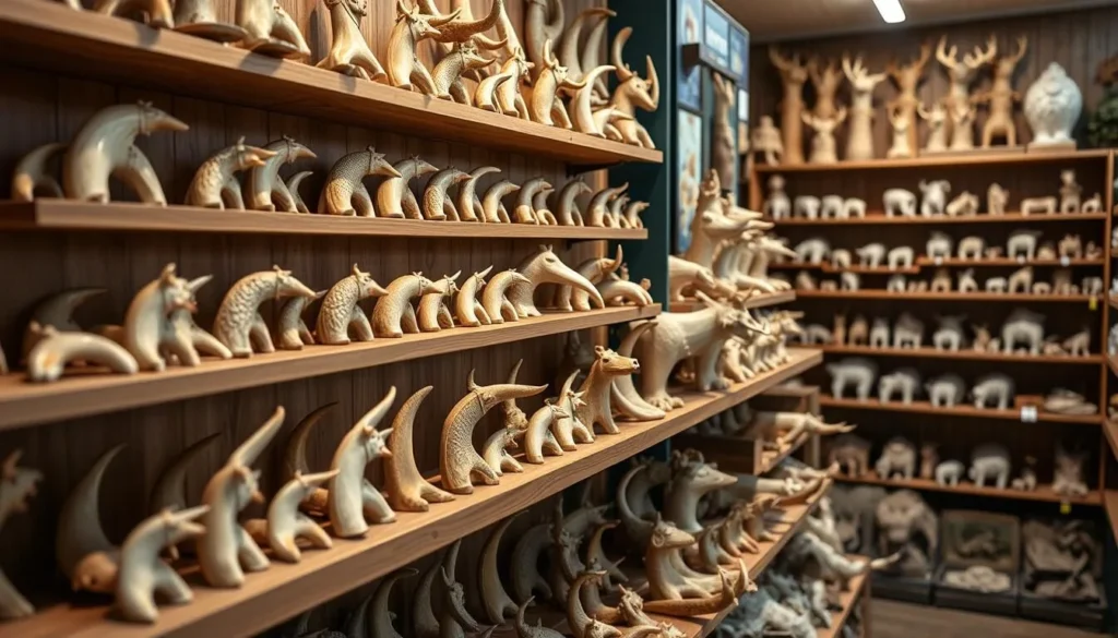 Traditional Greenlandic tupilak carvings displayed in Tasiilaq shop