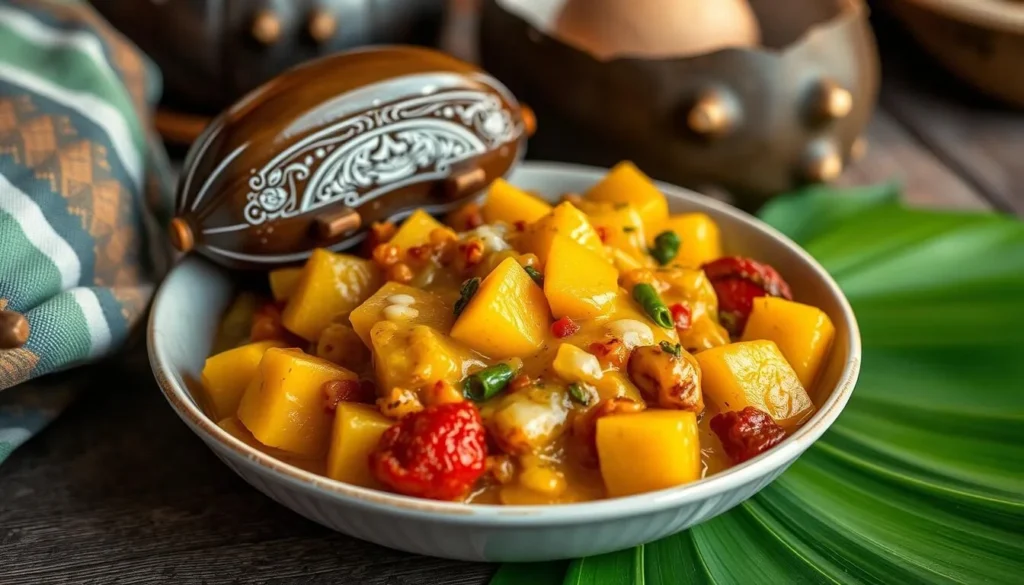 Traditional Grenadian oil down dish with breadfruit, callaloo, and coconut milk Traditional Grenadian oil down dish with breadfruit, callaloo, and coconut milk