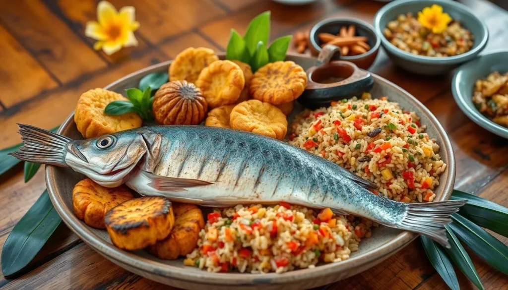 Traditional Guadeloupean cuisine with seafood, plantains, and colorful spices
