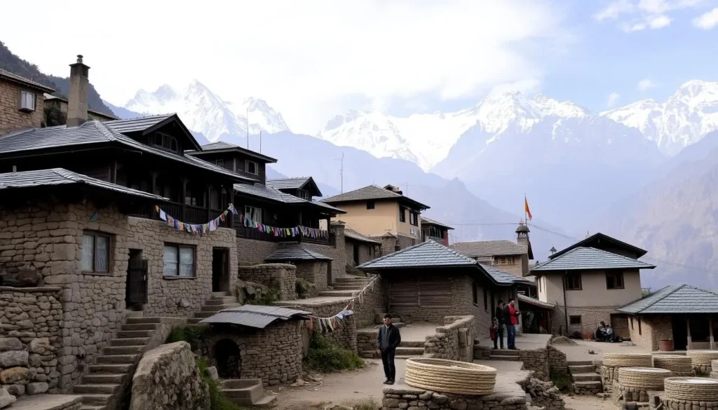 Traditional Gurung village in the Annapurna region with stone houses, prayer flags, and mountain backdrop