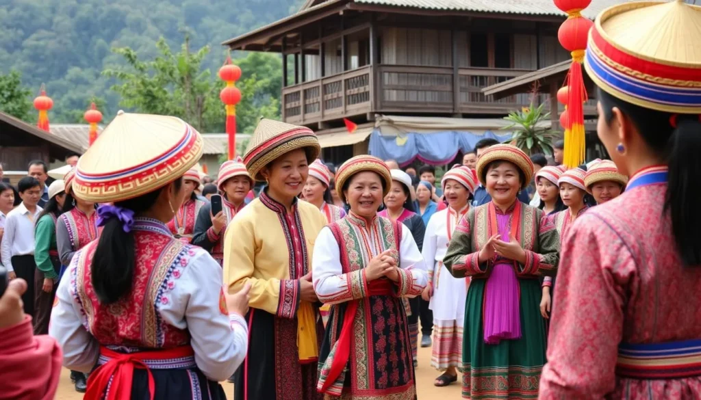 Traditional Hmong New Year celebration in a village near Phou Luang Massif with colorful costumes