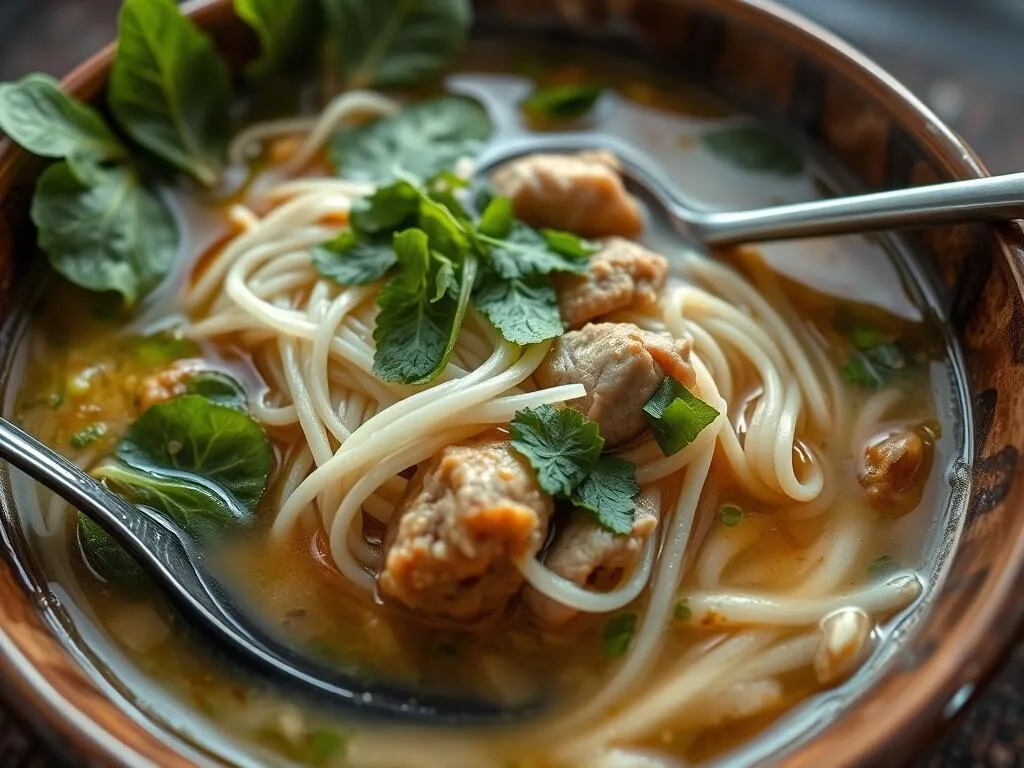 Traditional Hmong Pho soup served in Cacao with local ingredients