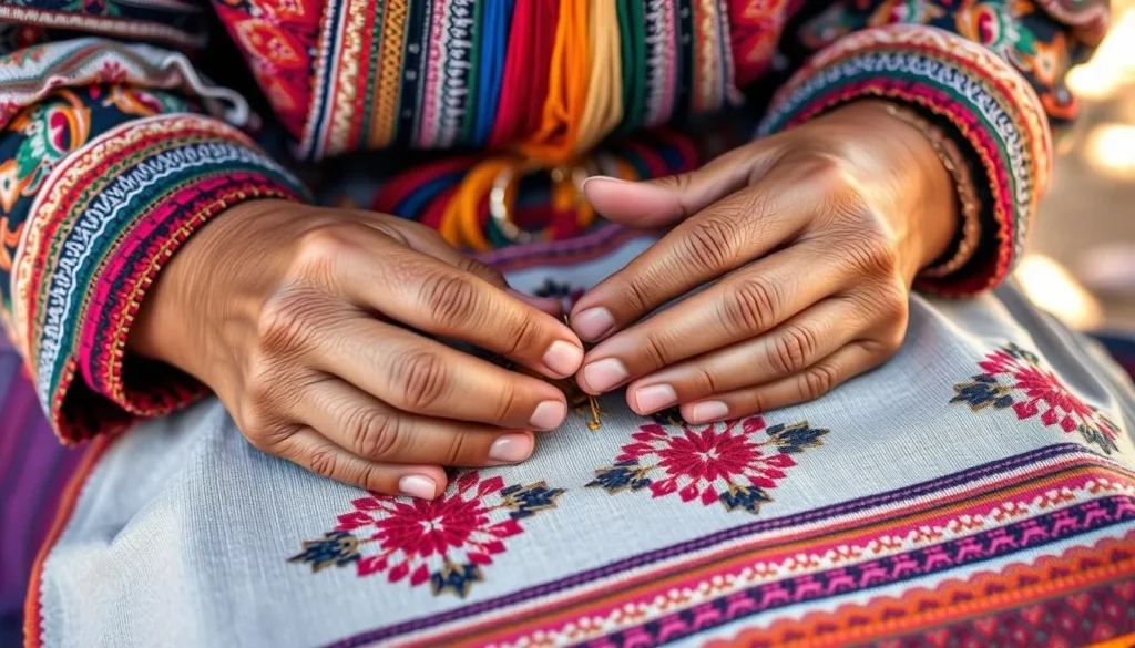 Traditional Hmong embroidery being created by local artisan in Cacao