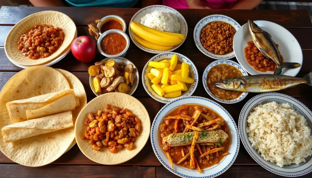 Traditional Honduran meal with baleadas, plantains, and fresh tropical fruits