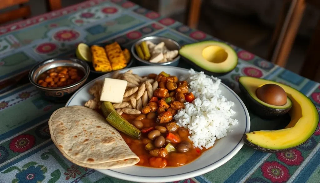 Traditional Honduran meal with beans, rice, tortillas, and local cheese served at a small restaurant near Montecristo Trifinio National Park