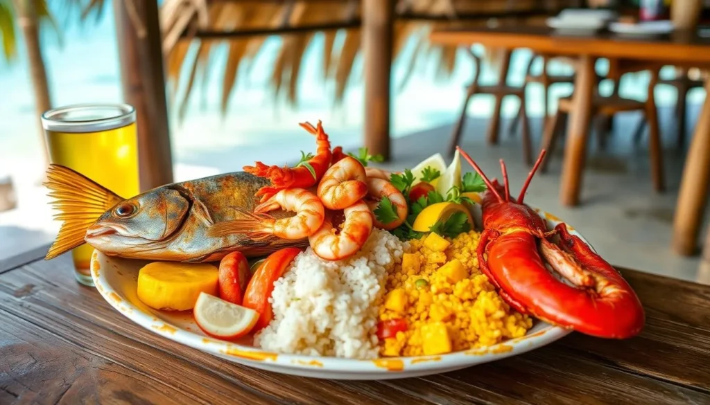 Traditional Honduran seafood dish served at a beachfront restaurant in West Bay Beach