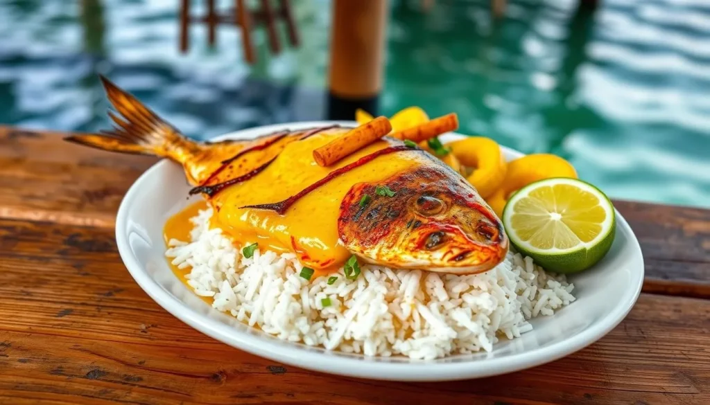 Traditional Honduran seafood dish with coconut rice and plantains