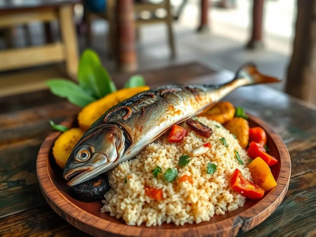 Traditional Honduran seafood dish with rice, plantains, and fresh fish served at a beachside restaurant