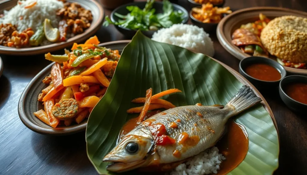 Traditional Indonesian food from Flores including ikan pepes (fish in banana leaf) and local vegetables served on a wooden table
