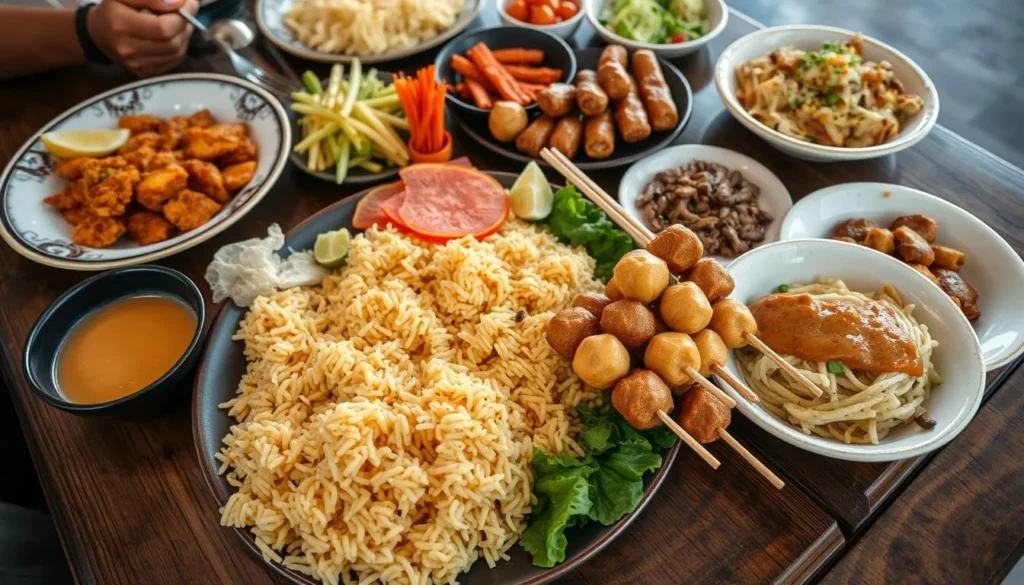 Traditional Indonesian food spread including nasi goreng, satay, and gado-gado