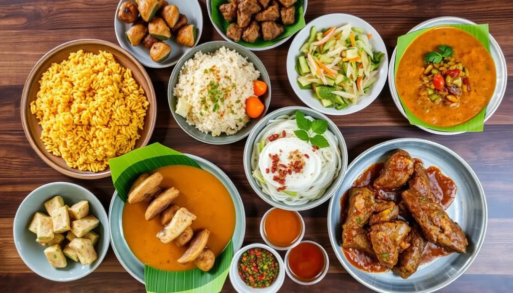 Traditional Indonesian food spread including nasi goreng, satay, and gado-gado - Indonesia best things to do