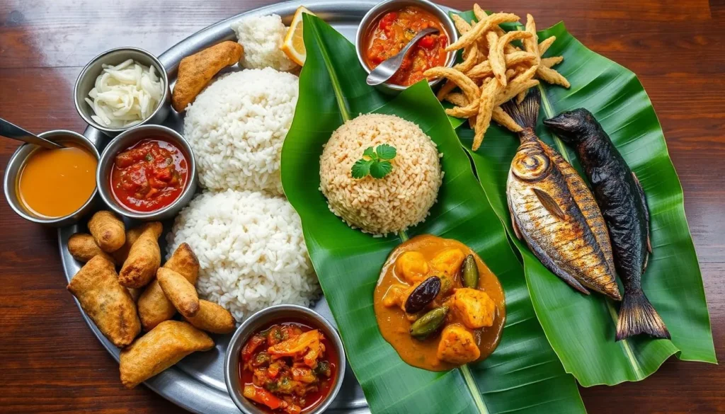 Traditional Indonesian food spread with nasi uduk, kari ayam, and local Bekasi specialties