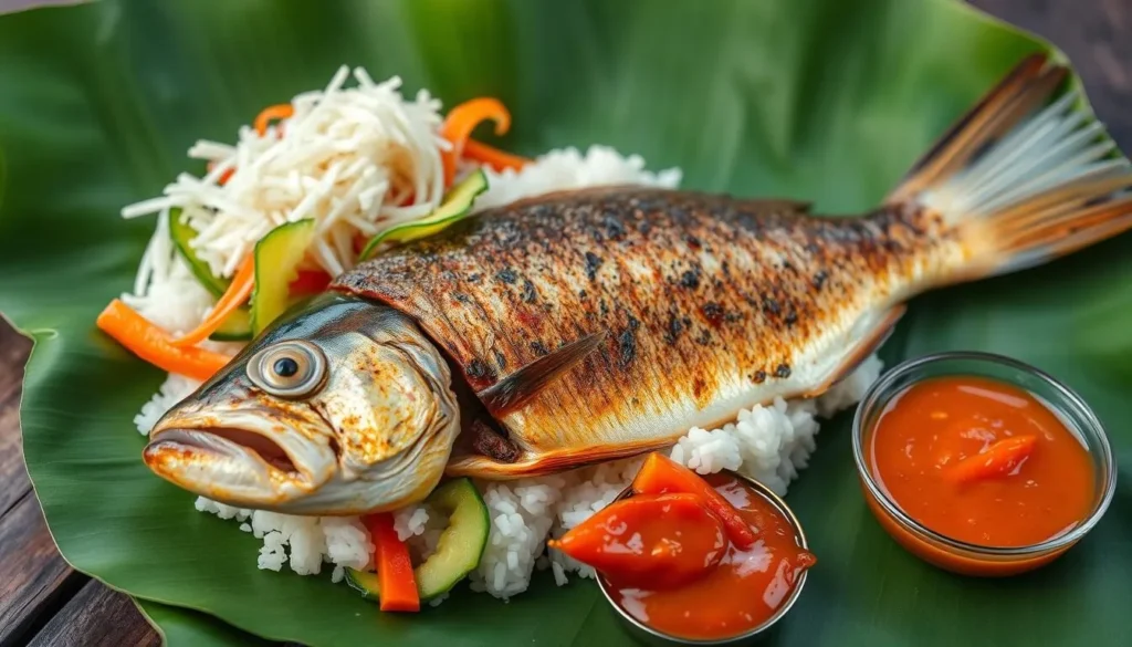 Traditional Indonesian meal of Ikan Bakar (grilled fish) with rice, vegetables and sambal served on a banana leaf Traditional Indonesian meal of Ikan Bakar (grilled fish) with rice, vegetables and sambal served on a banana leaf