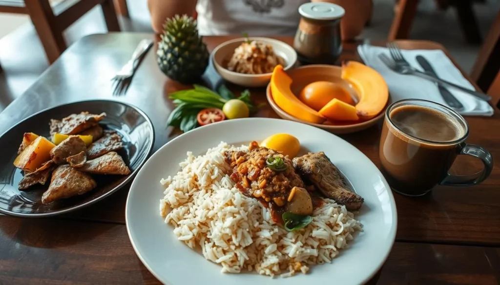 Traditional Indonesian meal served at a restaurant in Moni village Traditional Indonesian meal served at a restaurant in Moni village