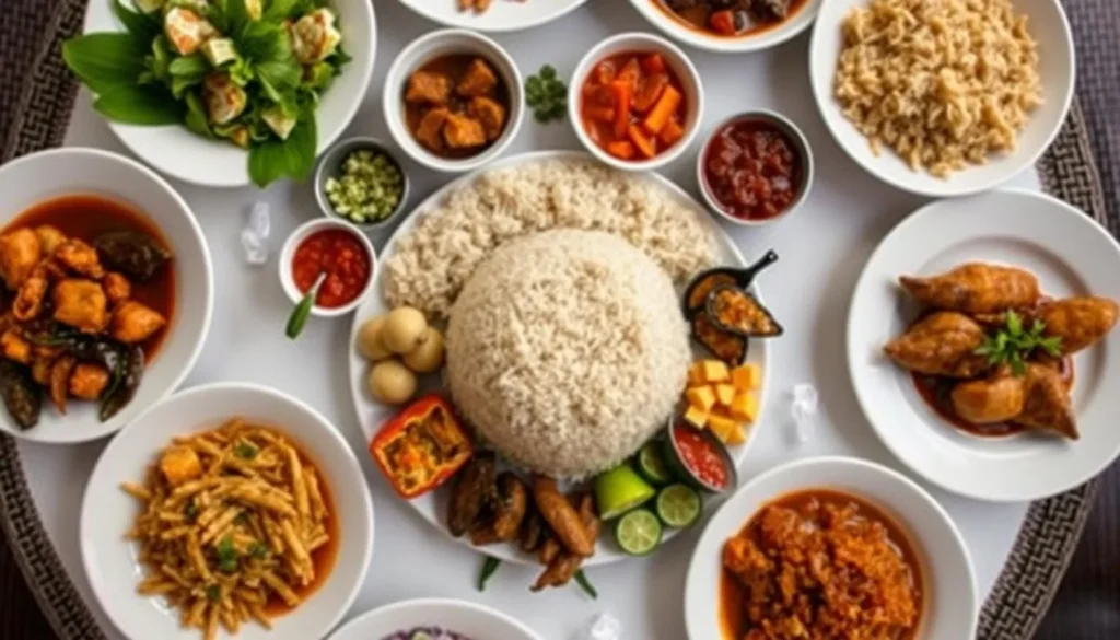 Traditional Indonesian rijsttafel (rice table) with multiple dishes served in small portions
