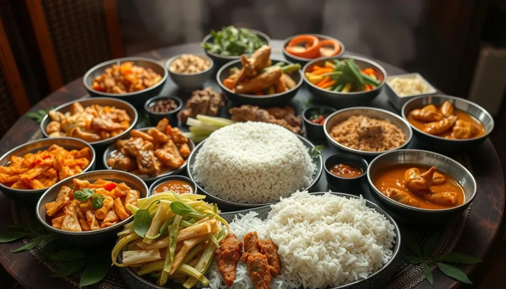 Traditional Indonesian rijsttafel spread with multiple dishes