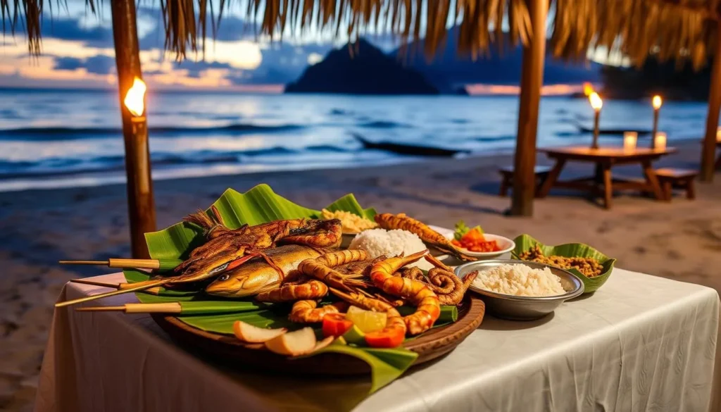 Traditional Indonesian seafood dinner served at beachfront restaurant in Bunaken