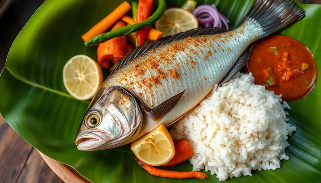 Traditional Indonesian seafood dish with Lake Matano fish served with rice and local vegetables