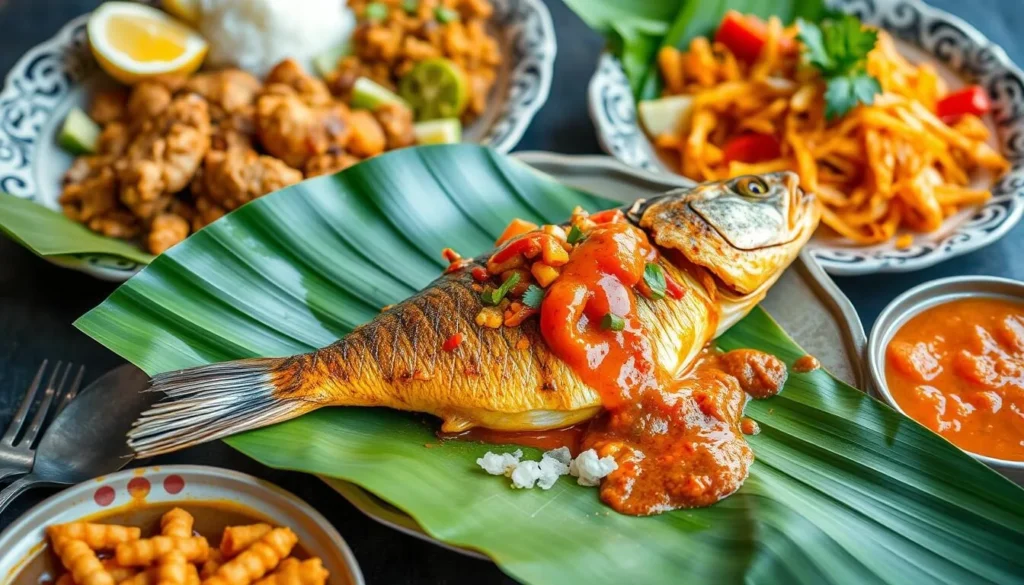 Traditional Indonesian seafood dishes including grilled fish (ikan bakar) with sambal sauce