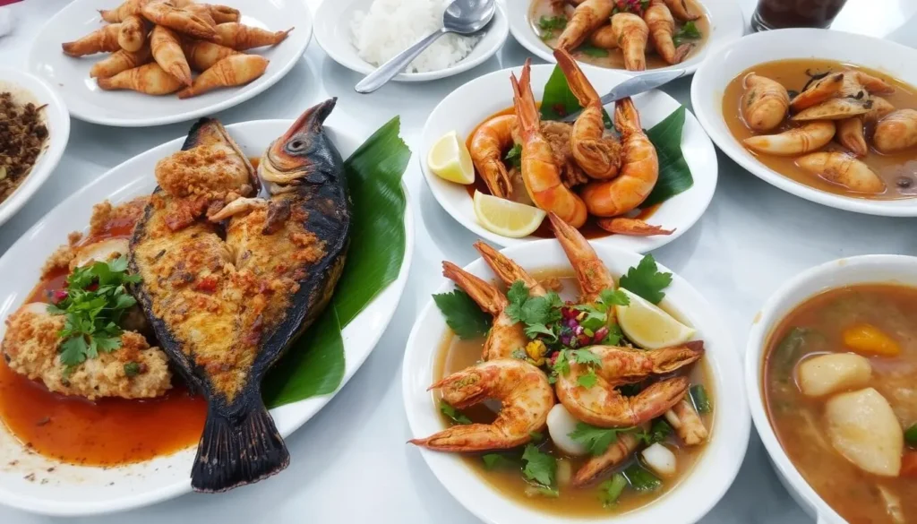 Traditional Indonesian seafood dishes served at a restaurant in Batam