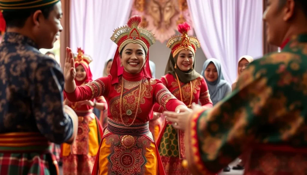 Traditional Indonesian welcome ceremony with dancers in colorful costumes greeting visitors