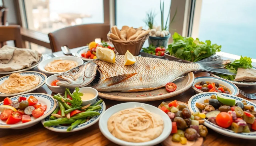 Traditional Israeli meal with St. Peter's fish, hummus, and mezze dishes served at a restaurant in Tiberias Traditional Israeli meal with St. Peter's fish, hummus, and mezze dishes served at a restaurant in Tiberias