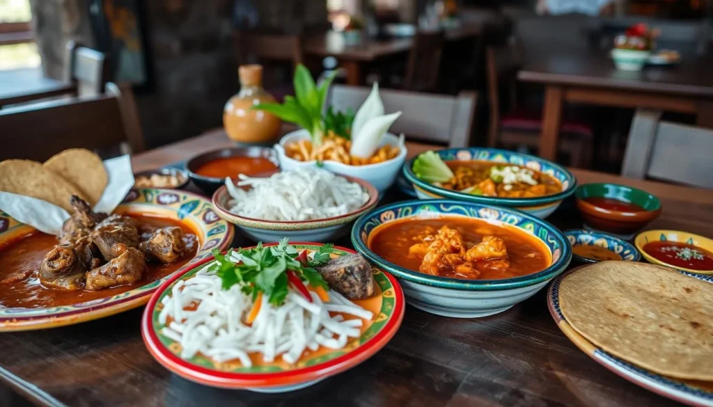 Traditional Jalisco cuisine featuring birria, pozole, and local dishes served in a rustic restaurant near Volcan Nevado de Colima