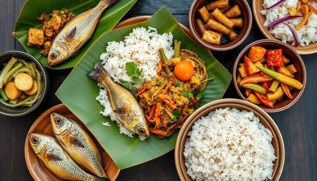 Traditional Jambi cuisine with river fish and local vegetables