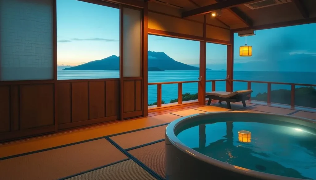 Traditional Japanese ryokan with ocean view on Izu Oshima Island