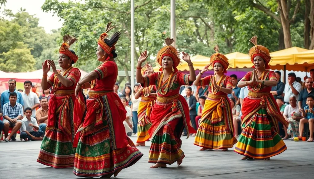 Traditional Javanese cultural performance during a festival in Blitar, showing dancers in colorful costumes