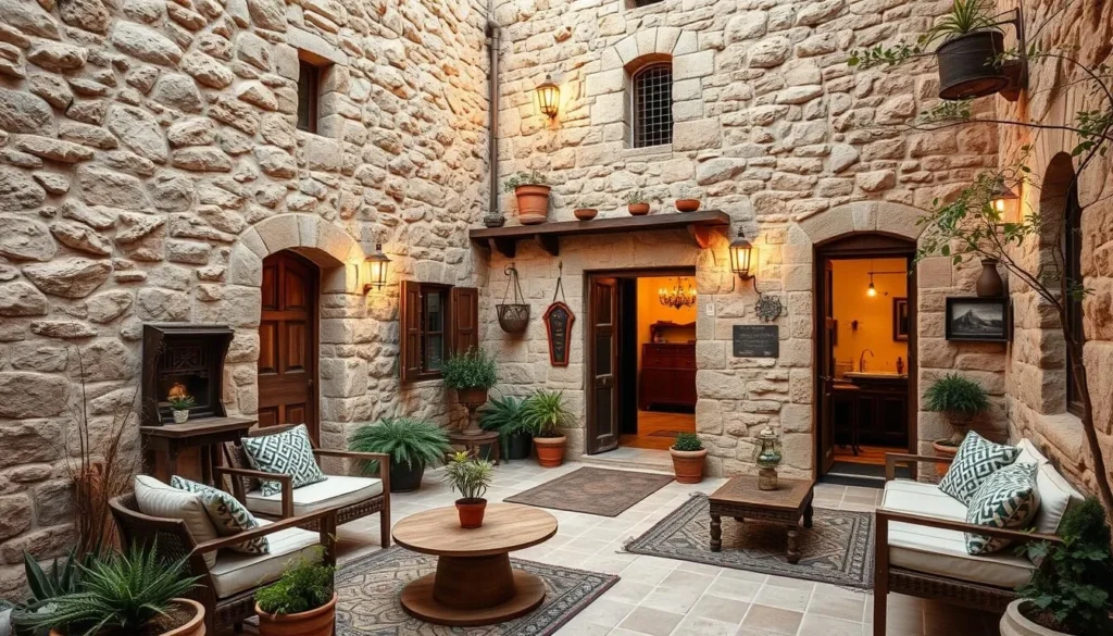 Traditional Jordanian guesthouse in Madaba with stone architecture and comfortable outdoor seating area Traditional Jordanian guesthouse in Madaba with stone architecture and comfortable outdoor seating area