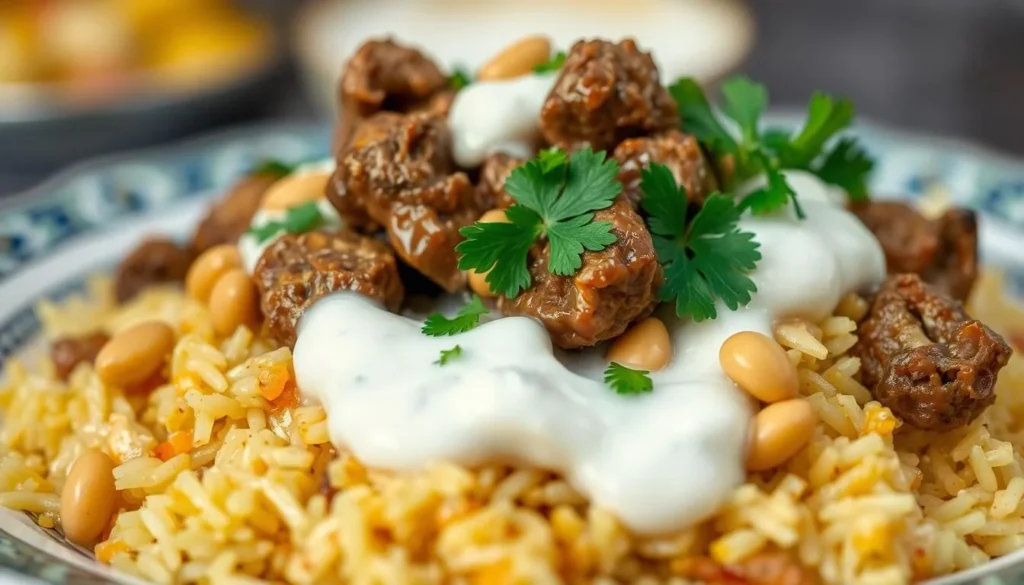 Traditional Jordanian mansaf dish with rice, lamb, and yogurt sauce