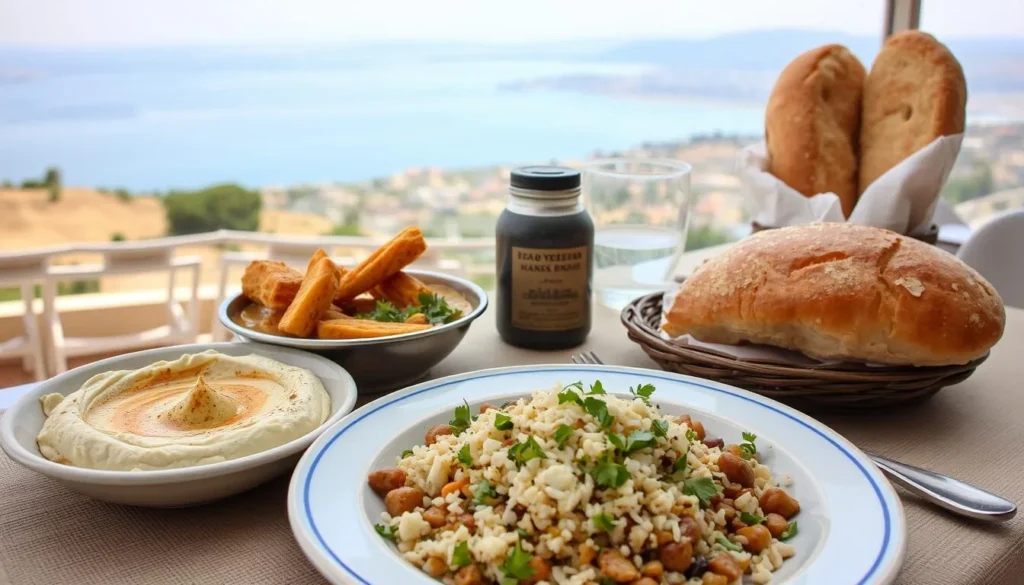 Traditional Jordanian meal served at the restaurant in Umm Qais with panoramic views in the background Traditional Jordanian meal served at the restaurant in Umm Qais with panoramic views in the background
