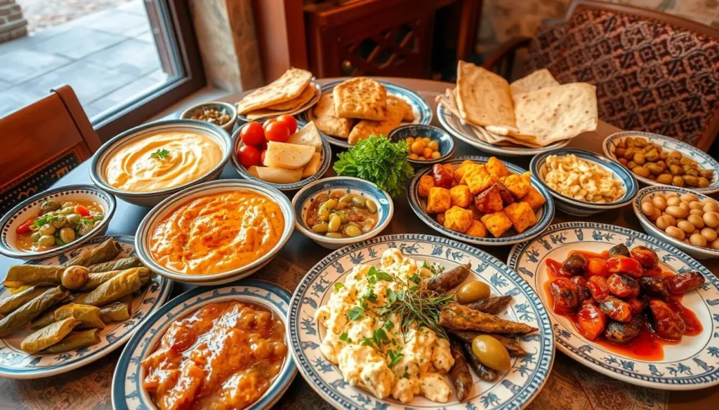 Traditional Jordanian mezze spread with hummus, falafel, and other local dishes served in a Madaba restaurant Traditional Jordanian mezze spread with hummus, falafel, and other local dishes served in a Madaba restaurant